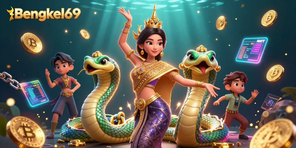 Bengkel69 features a captivating illustration of an Asian woman in a Thai costume with slot reels, promoting engaging online slot gaming.