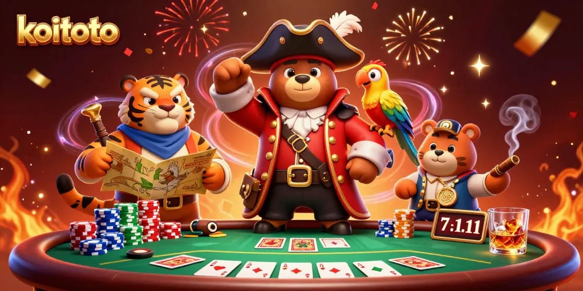 Koitoto: Cartoon pirate captain bear and tiger at a poker table celebrating victory with vibrant confetti.