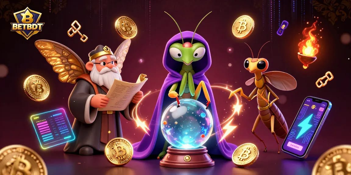 Engage with BETBDT's vibrant casino experience in this dynamic 3D illustration featuring fortune tellers and cryptocurrency elements.