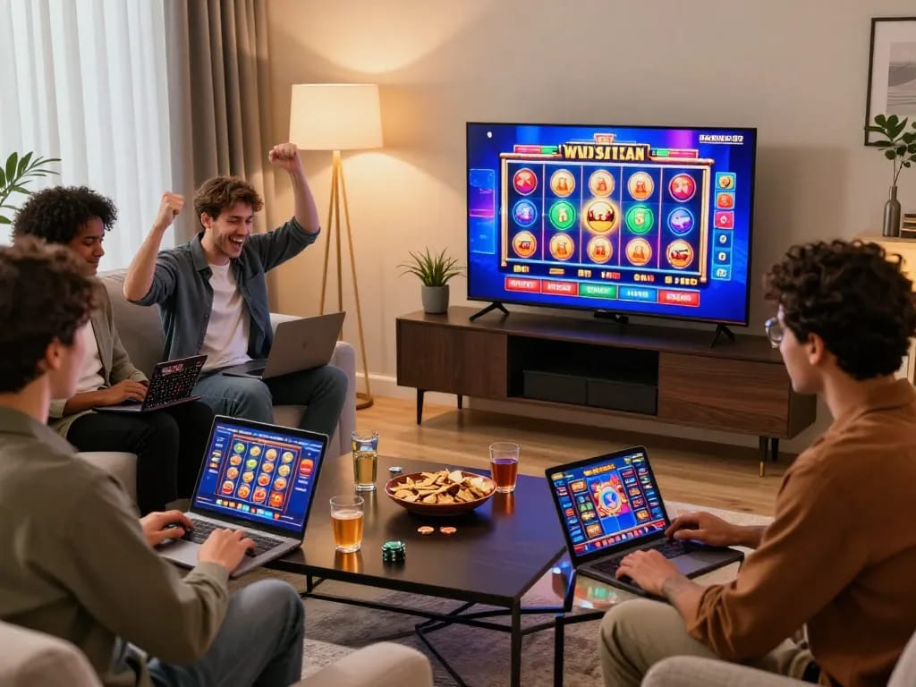 Wild Sultan Casino en ligne players enjoying a vibrant gaming atmosphere in a modern living room setting.