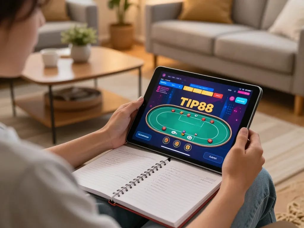Engage in live poker gameplay on TIP88 online casino from a cozy home setup with strategic notes.