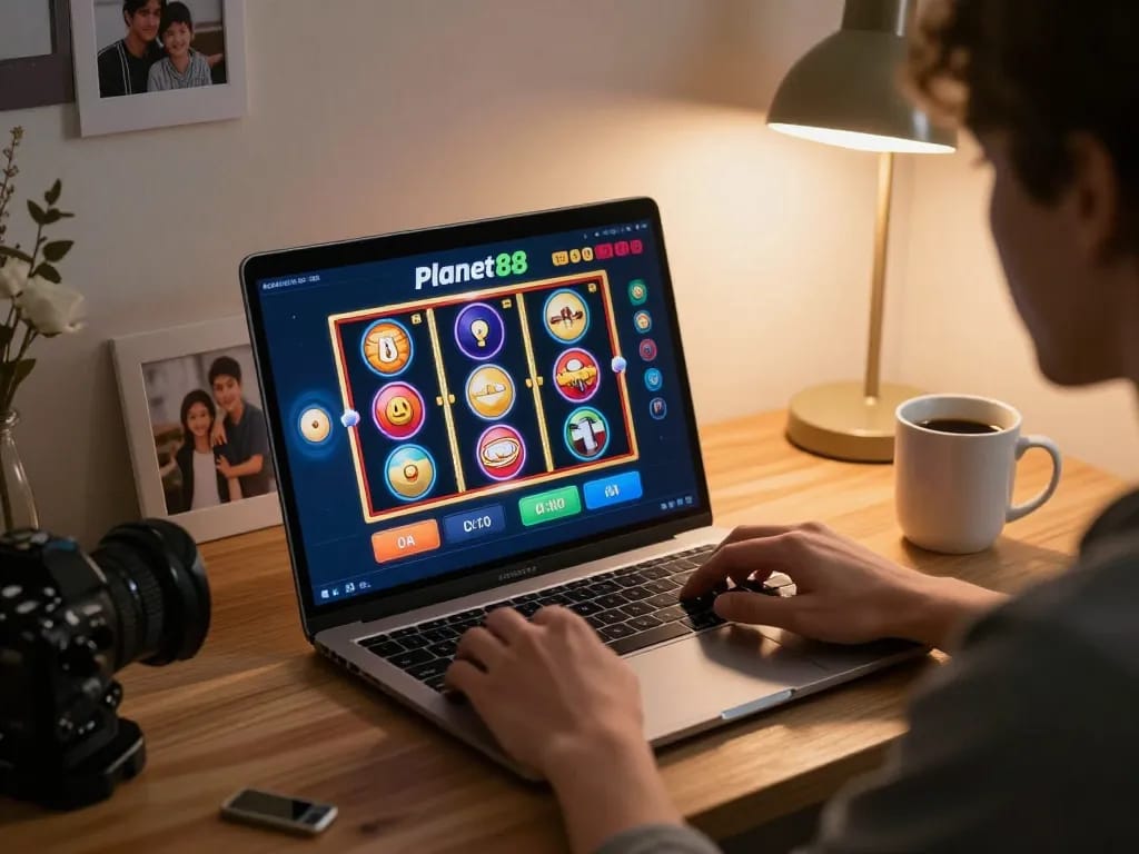 Player enjoying a thrilling gaming session on Planet88, showcasing vibrant graphics on laptop screen.