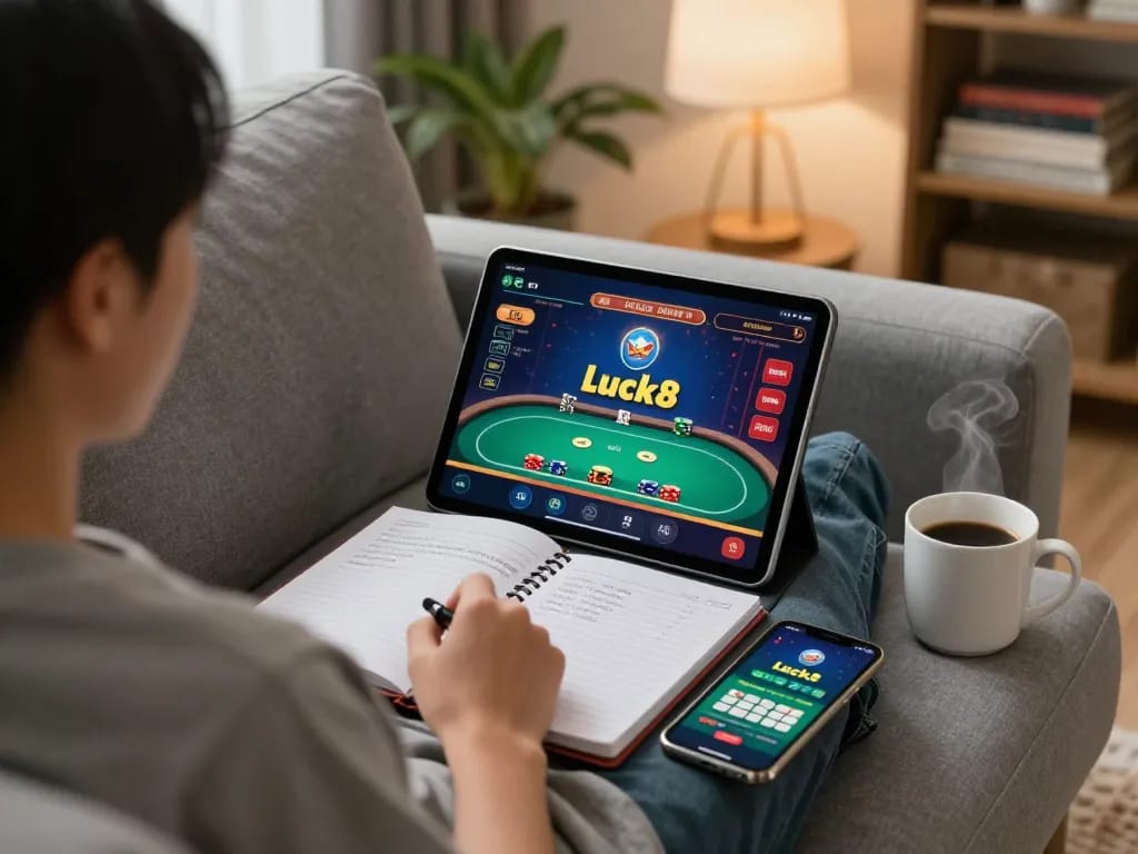 Engaging in strategic online gambling at Luck8 trang chủ on tablet in a cozy home setting