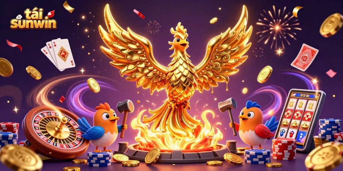 Spin and win big at tải sunwin with this vibrant 3D illustration of a golden phoenix amidst casino riches.