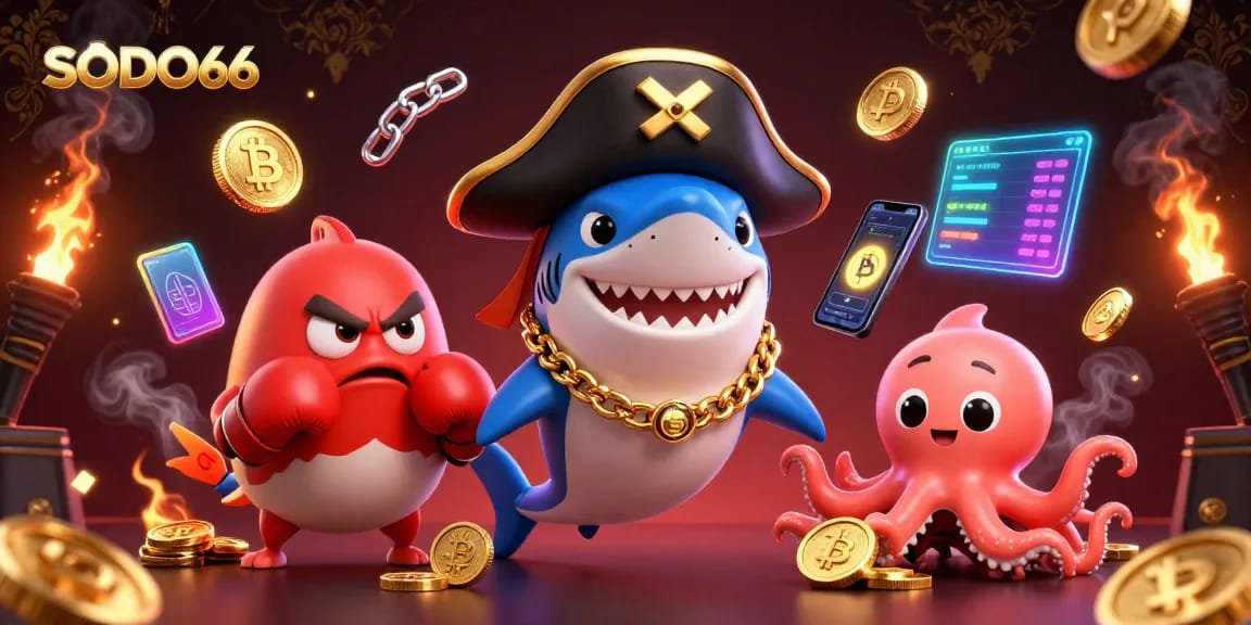 SODO66 players enjoy vibrant 3D casino experience with pirate shark, pufferfish, and octopus.