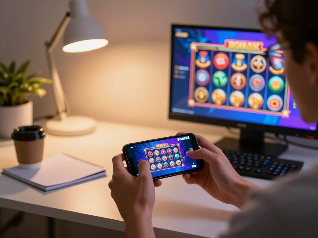 Pengalaman permainan mobile BOM88 di smartphone sambil menikmati pengaturan meja yang nyaman