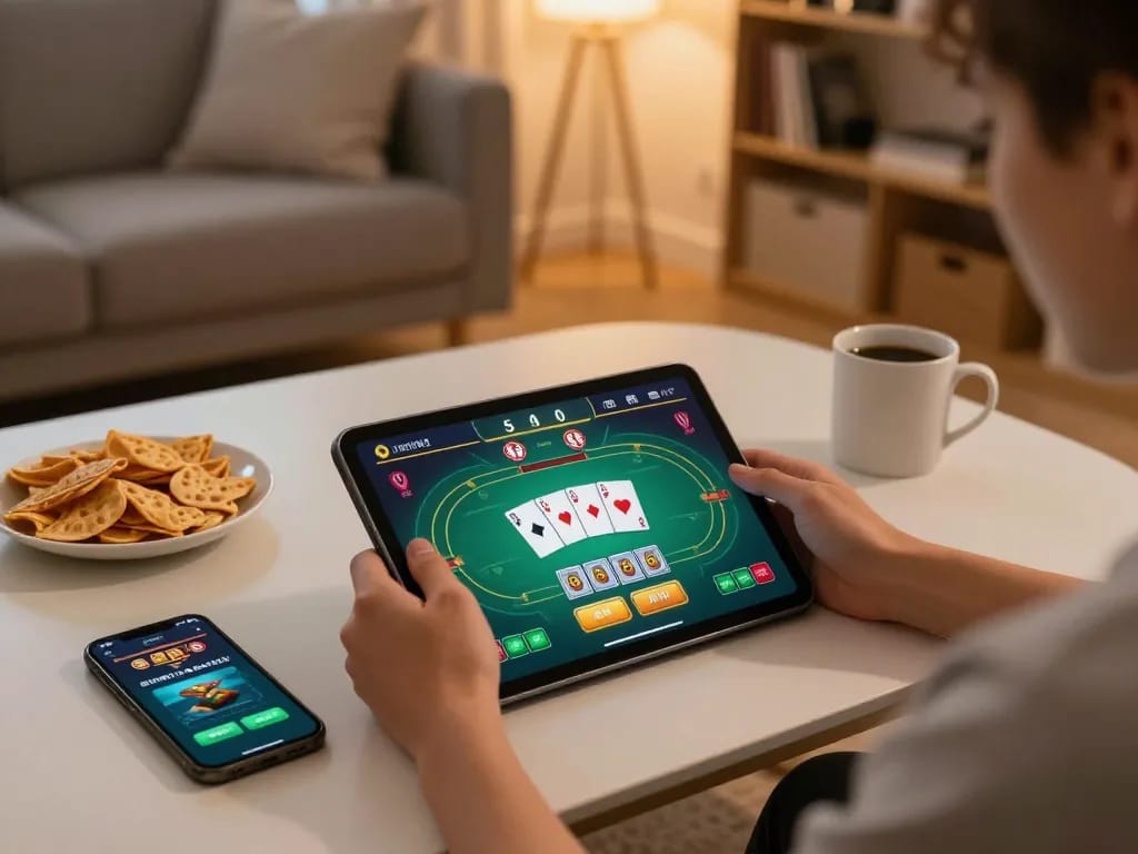 Engaging in online poker gaming with tg88 on a tablet, showcasing a cozy home atmosphere and strategic play.