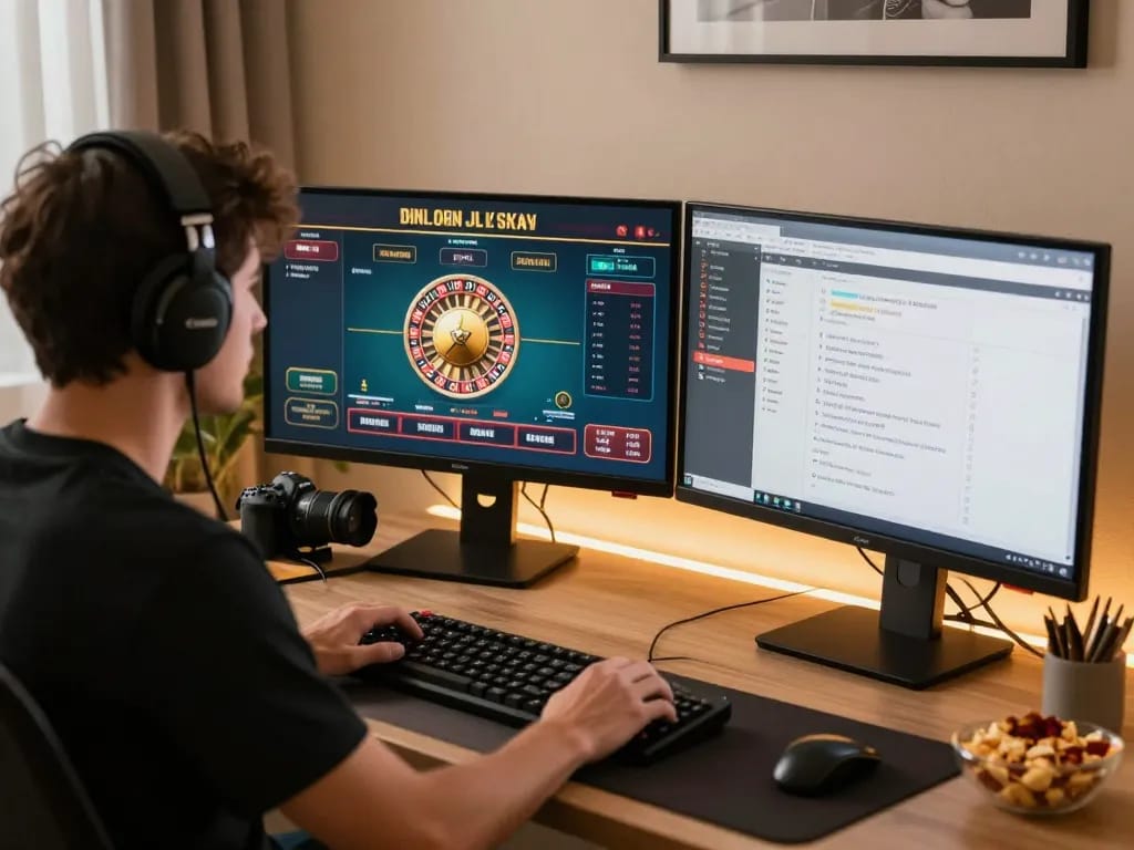 Engaged player enjoying live casino at home on upintogel setup, displaying roulette gameplay and strategy tools.