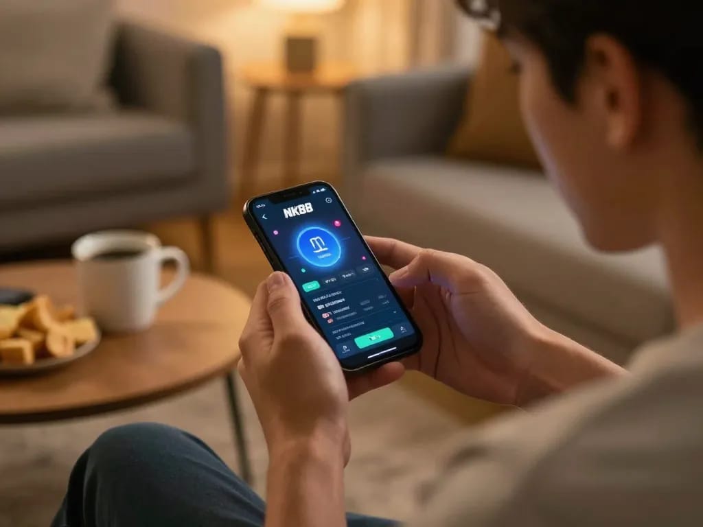 Player engaging with the NK88 app on their smartphone while enjoying a cozy gaming atmosphere at home.