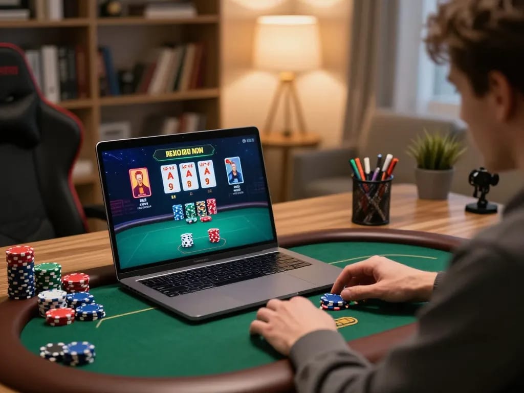 ONE88 player placing bets on a poker game using a laptop in a cozy home office setting.