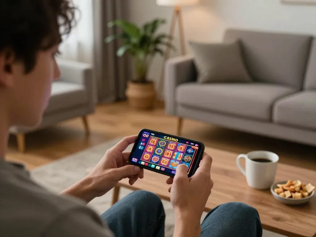 Player enjoying O8 Casino online slots on their smartphone in a cozy home setting