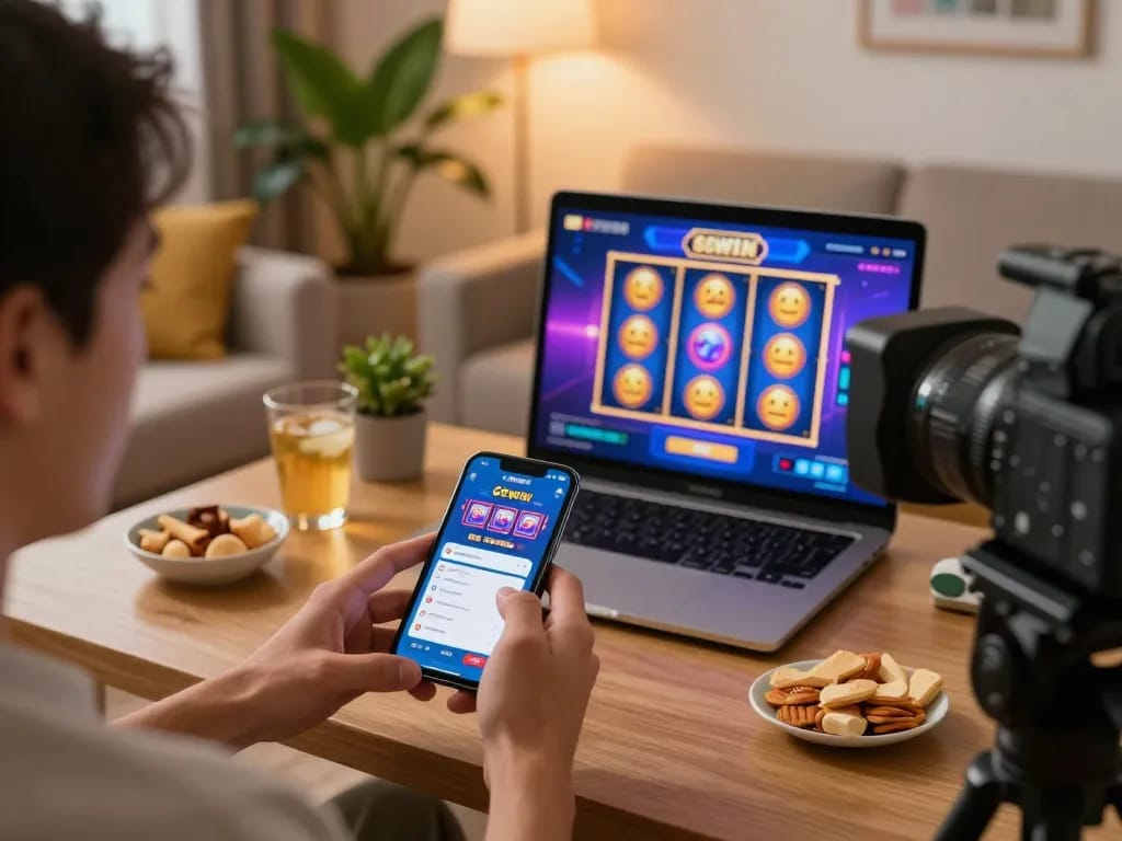 Person enjoying mobile gaming on the 68win app with colorful slots in a cozy home setting