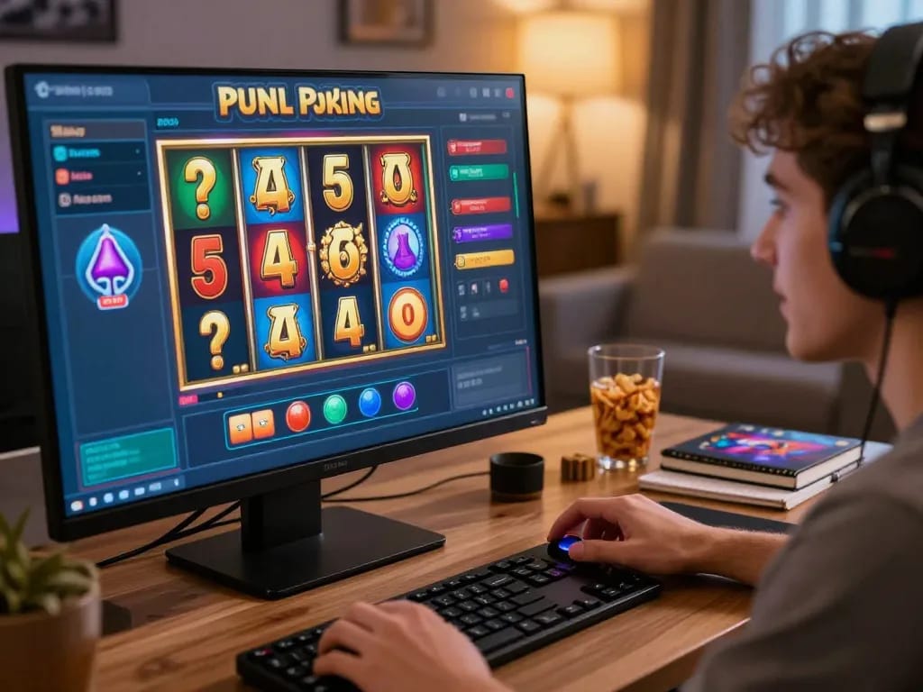 Pemain memutar gulungan berwarna-warni di permainan slot online Bintangmpo dalam suasana rumah yang nyaman