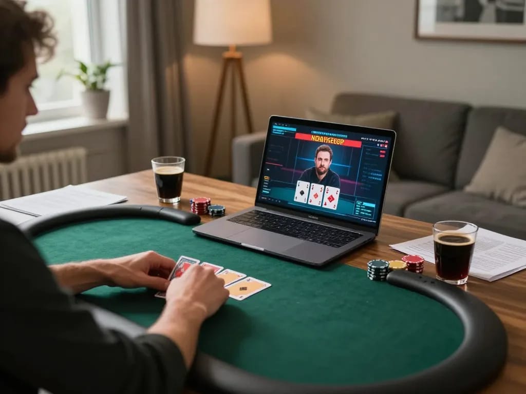 Player strategizing on XX88's poker game interface in a cozy home setting