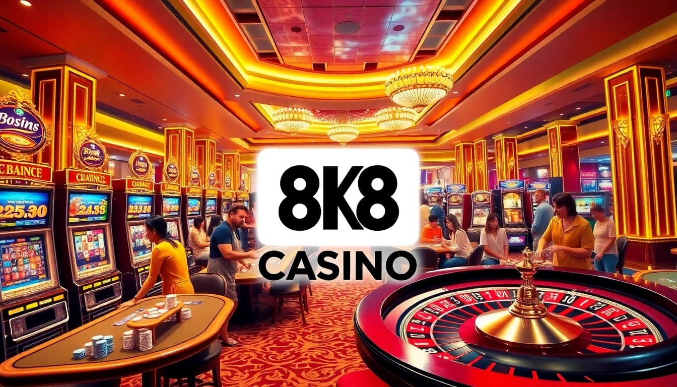 8K8 Casino patrons enjoying vibrant slot machines and engaging poker tables for thrilling gaming experiences.