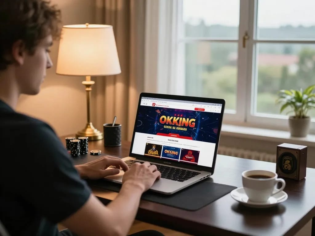 Person playing on okking online casino from cozy home setup, showcasing interactive online gaming action.