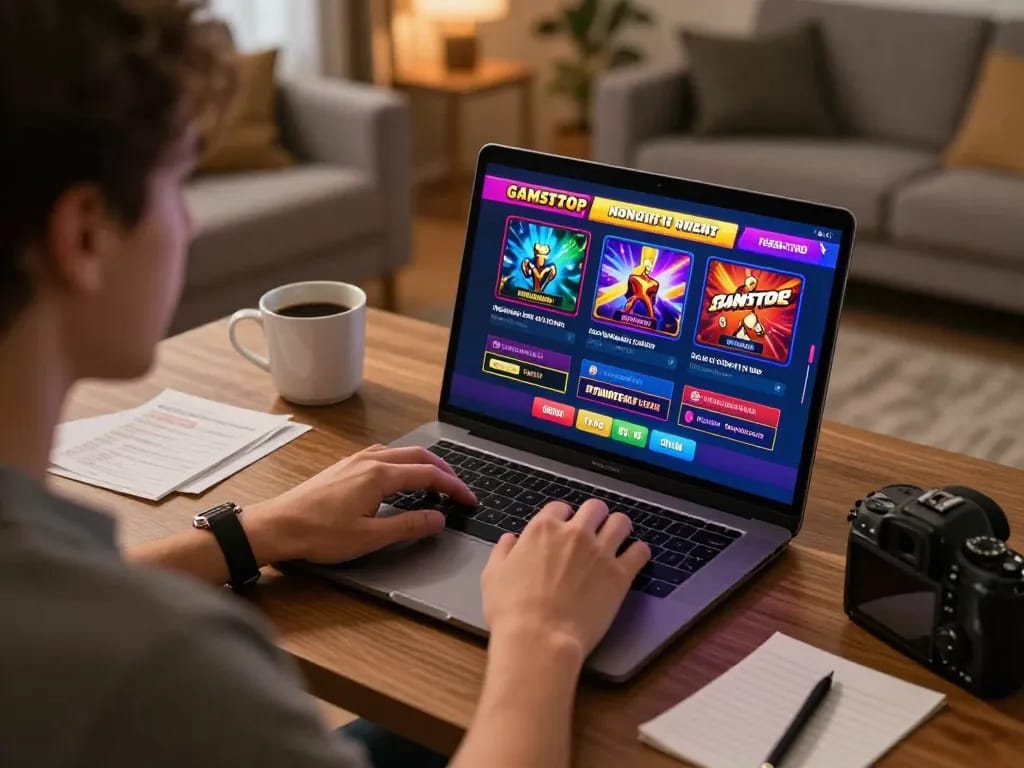Engaged player exploring non gamstop casinos options on laptop at home, showcasing cozy gaming setup.