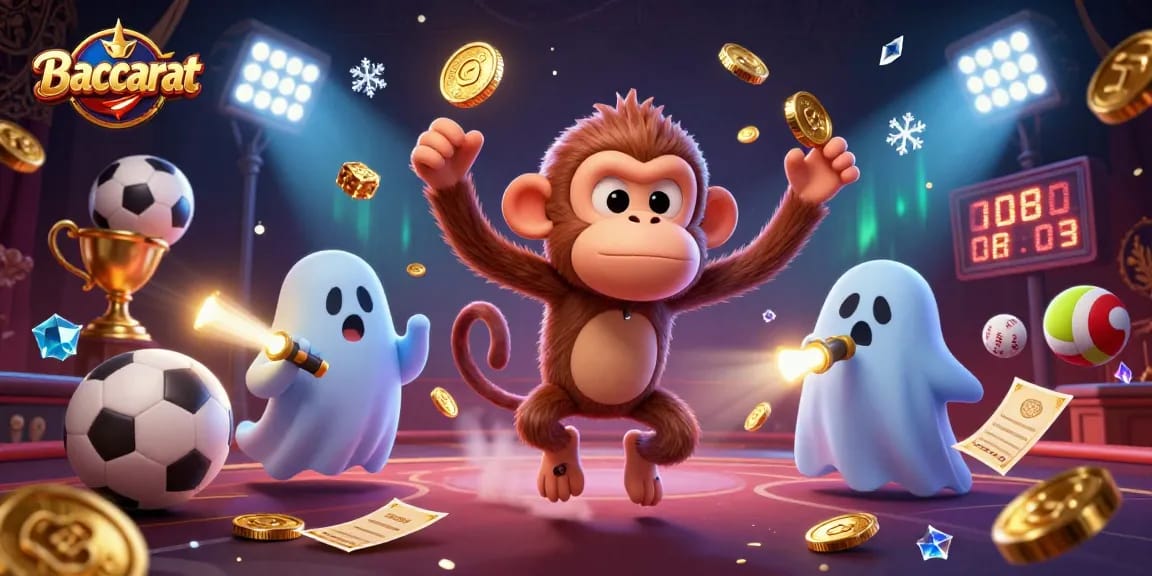 Baccarat game scene featuring a mischievous monkey juggling golden objects while a ghost-hunter puppy tracks it.