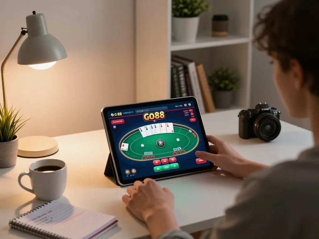 Player enjoying Go88 on a tablet in a cozy home office, emphasizing responsible online gaming.
