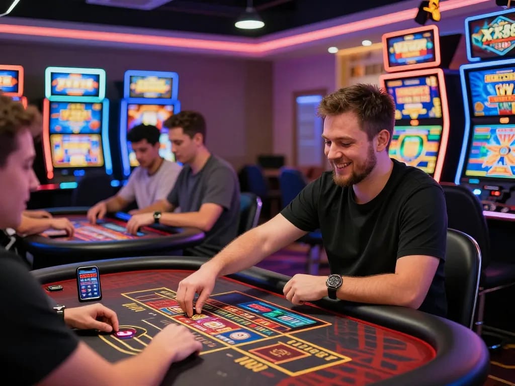 Exciting online gambling experience at xx88 casino with diverse players engaging in virtual games and vibrant digital interfaces.