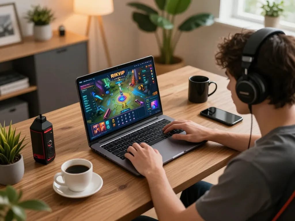 RIKVIP player engaging with online game on laptop, cozy home setup promoting responsible gaming.