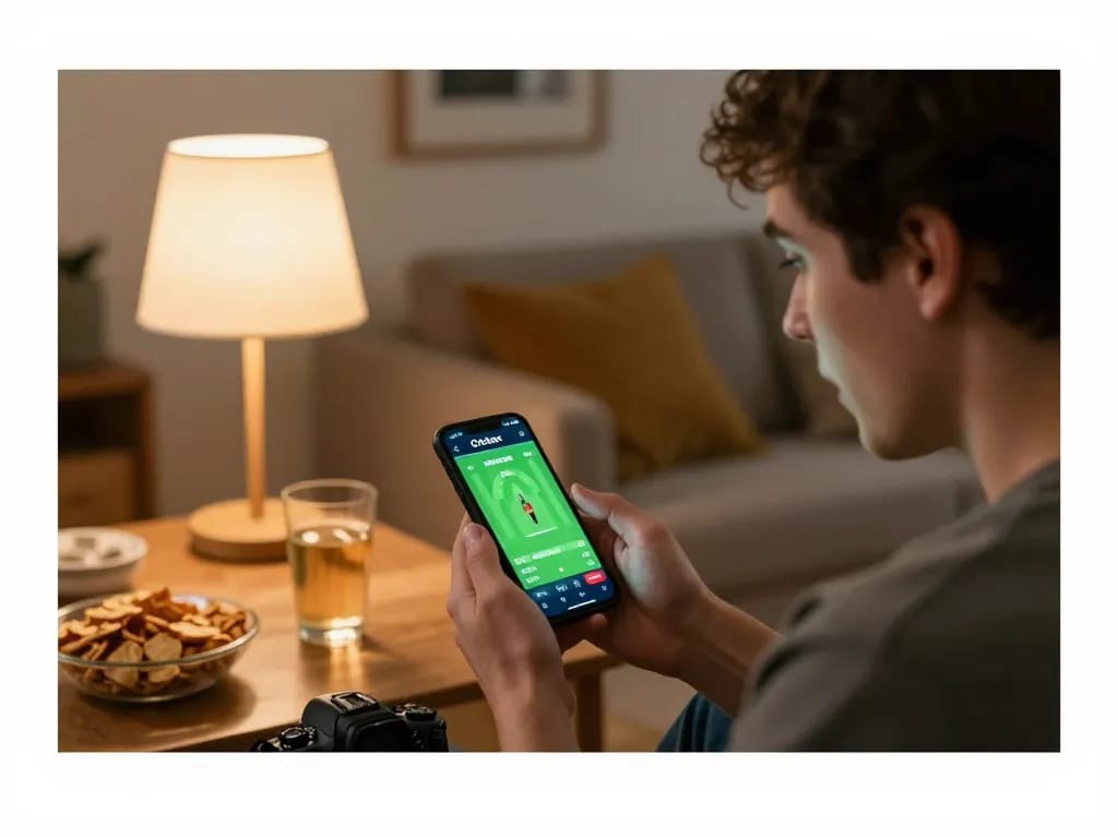 Person engaging in live cricket betting on Crickex app from home, focused on betting options.