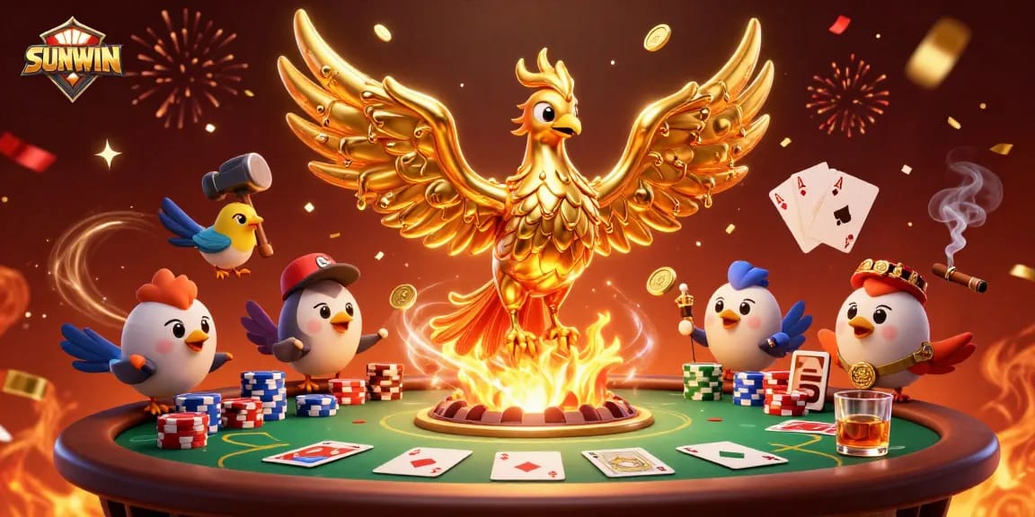 SUNWIN ignites excitement with its molten golden phoenix at a captivating poker table.
