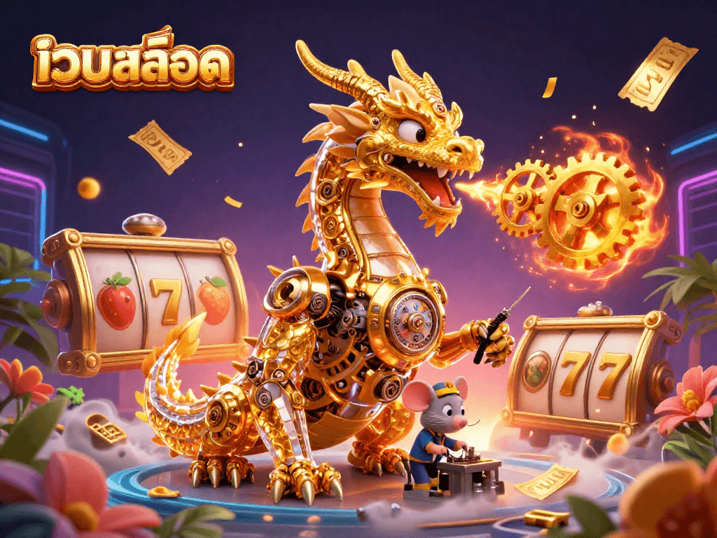 Engage with เว็บสล็อต through a vibrant 3D dragon scene filled with colorful slot game elements.