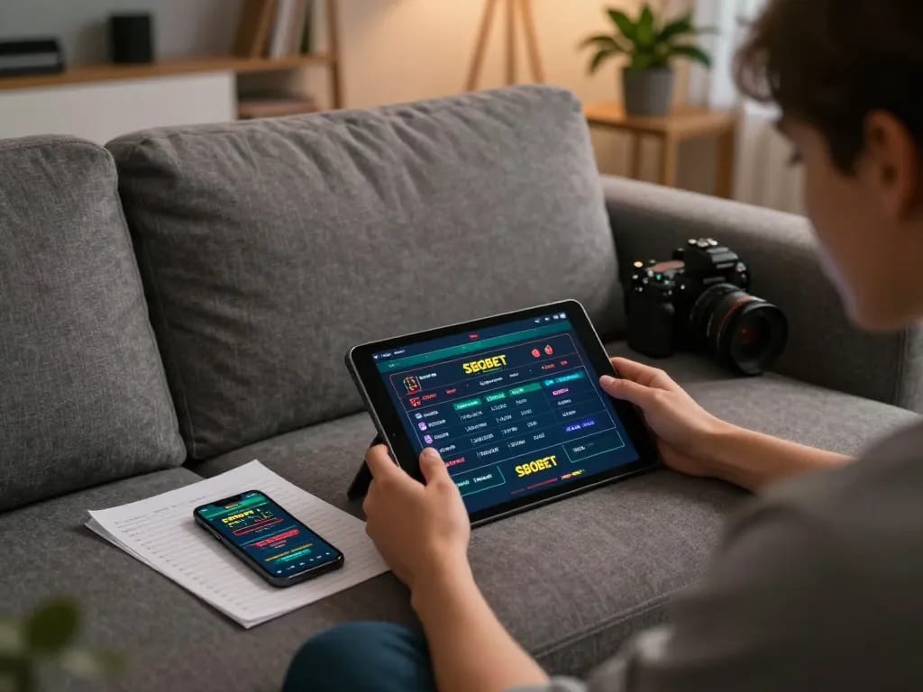 Aplikasi SBOBET ditampilkan di smartphone selama sesi perjudian online di rumah, menunjukkan pengaturan permainan yang nyaman.