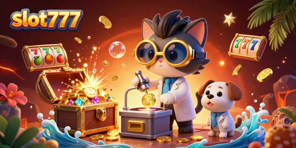 Experience thrilling wins with slot777 in this vibrant casino-themed 3D illustration!