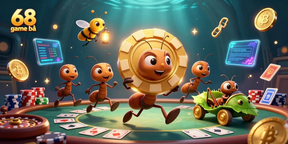 Experience excitement with 68 game bài as ants navigate poker heist in a vibrant casino scene.