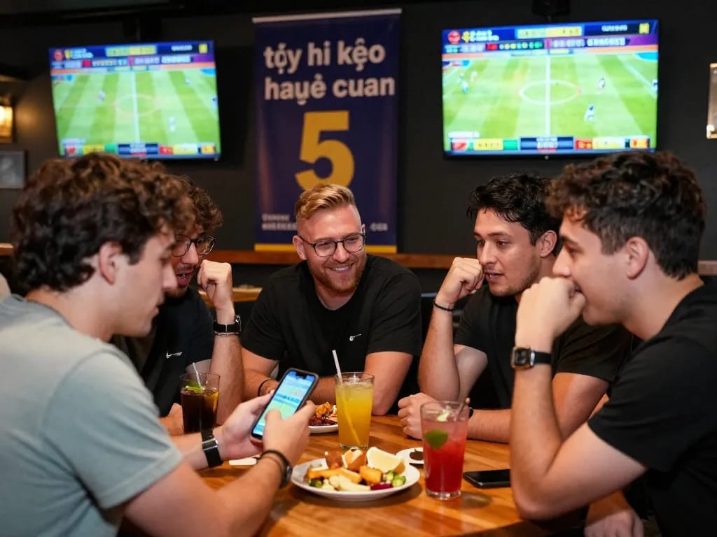 Excited friends strategizing and placing bets on tỷ lệ kèo nhà cái 5 at a lively sports bar with screens
