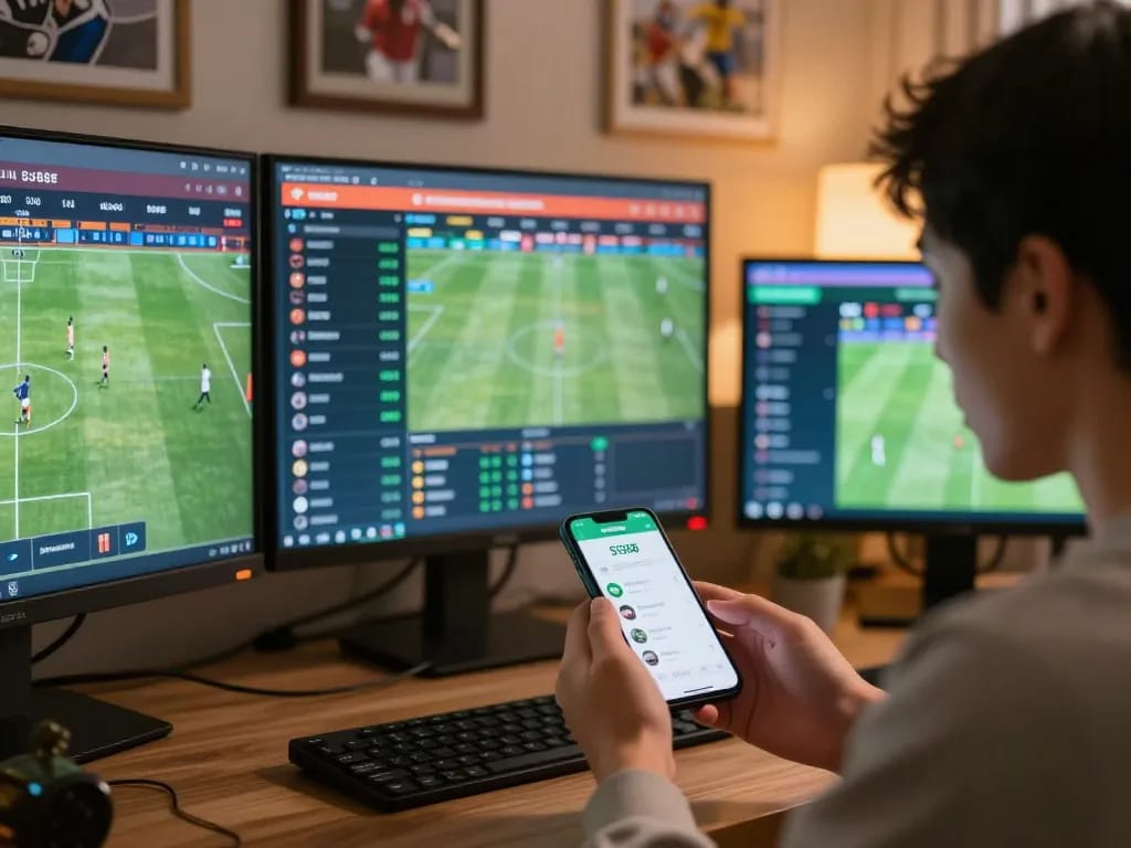 Engaged user placing bets on SV368's app during live sports events, showcasing strategic betting.