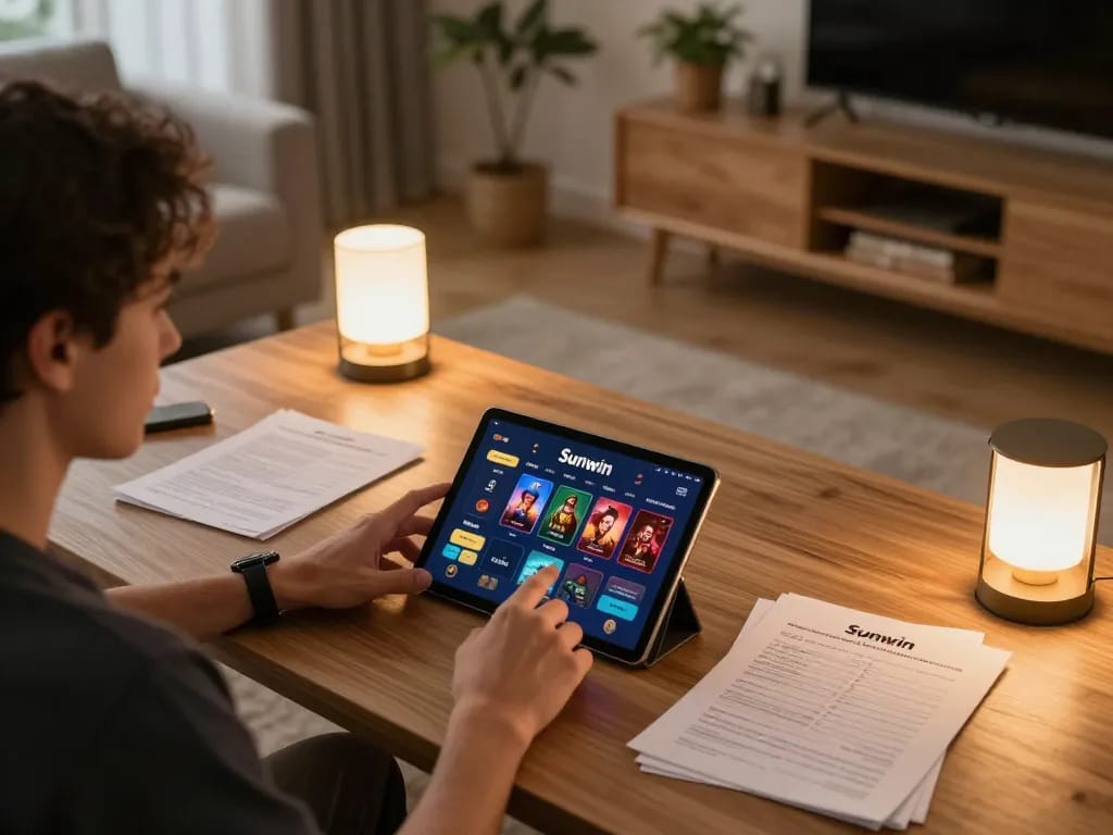 Player engaged with the Sunwin app at home, highlighting mobile gaming strategy and comfort