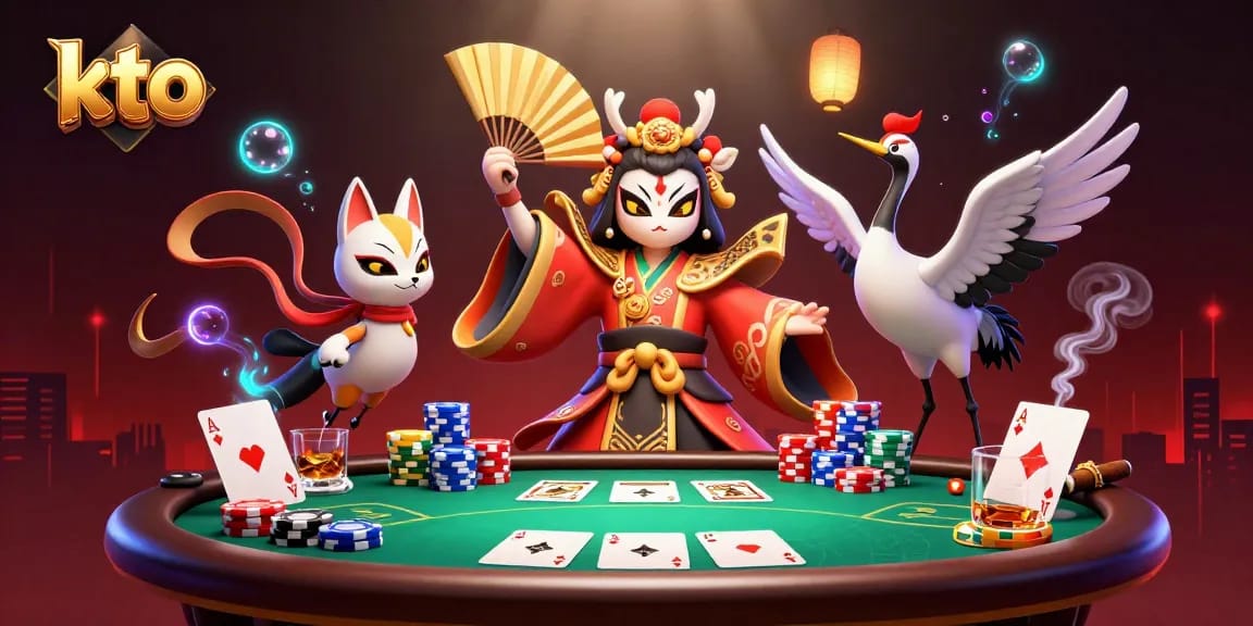 KTO players engaging in vibrant poker game with colorful chips and drama of winning hands.