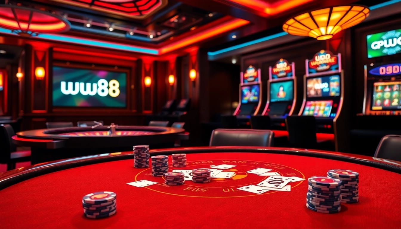 Experience the excitement of ww88 with luxurious casino elements like poker chips and a glowing roulette wheel.
