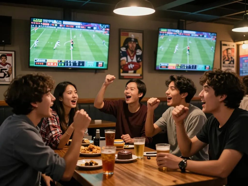 Group of friends enjoying debet betting during a live football match in a sports bar.