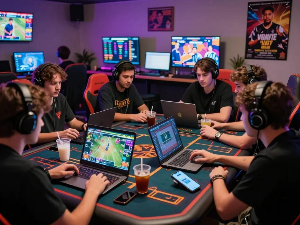 3win online betting players strategizing in a vibrant gaming lounge with laptops and live sports.