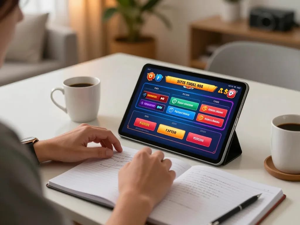 Pengguna yang terlibat bermain situs togel di tablet sambil merencanakan di notebook.