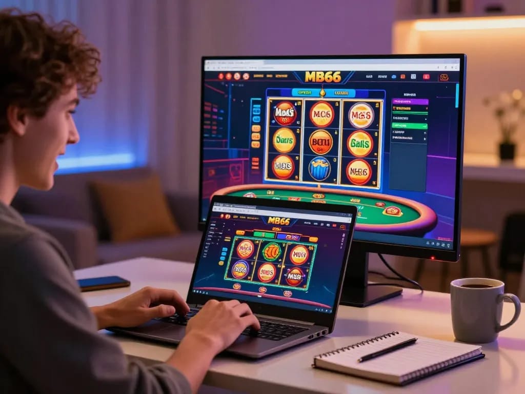 Engaging online gaming with MB66 displayed on laptop, emphasizing strategic betting.