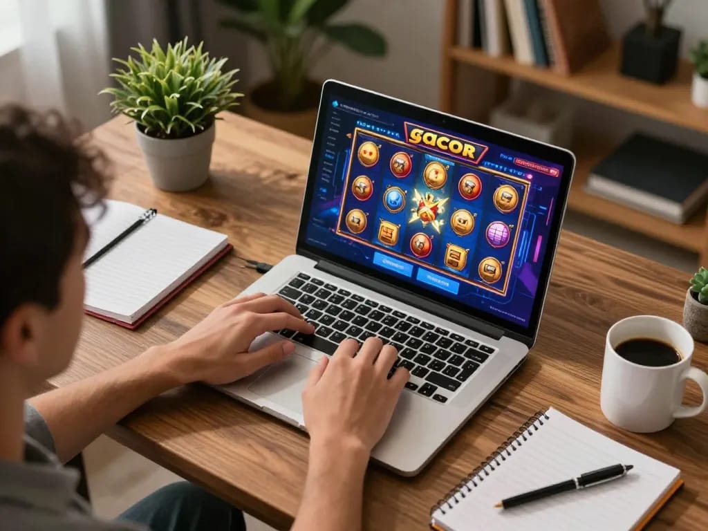 Experience slot gacor gampang menang while gaming from home, showcasing an engaging online setup with colorful gameplay.
