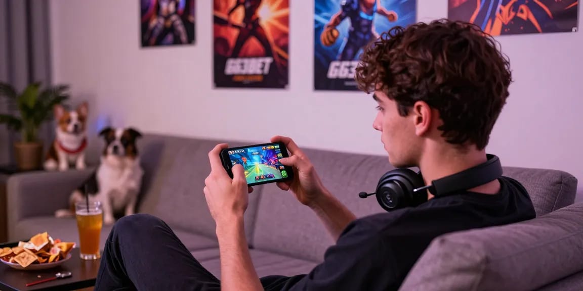 Exciting mobile gaming scene featuring 663bet.com.pk user enjoying gameplay with snacks and vibrant graphics.