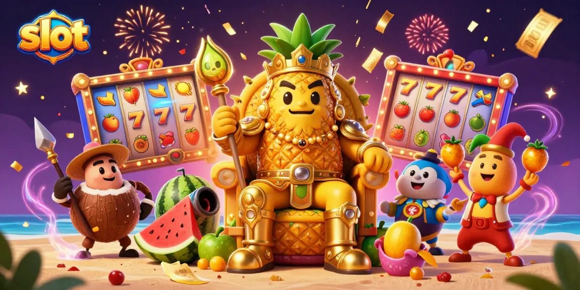 Slot yang mengasyikkan dengan raja nanas emas dan elemen kasino digital untuk pemain.