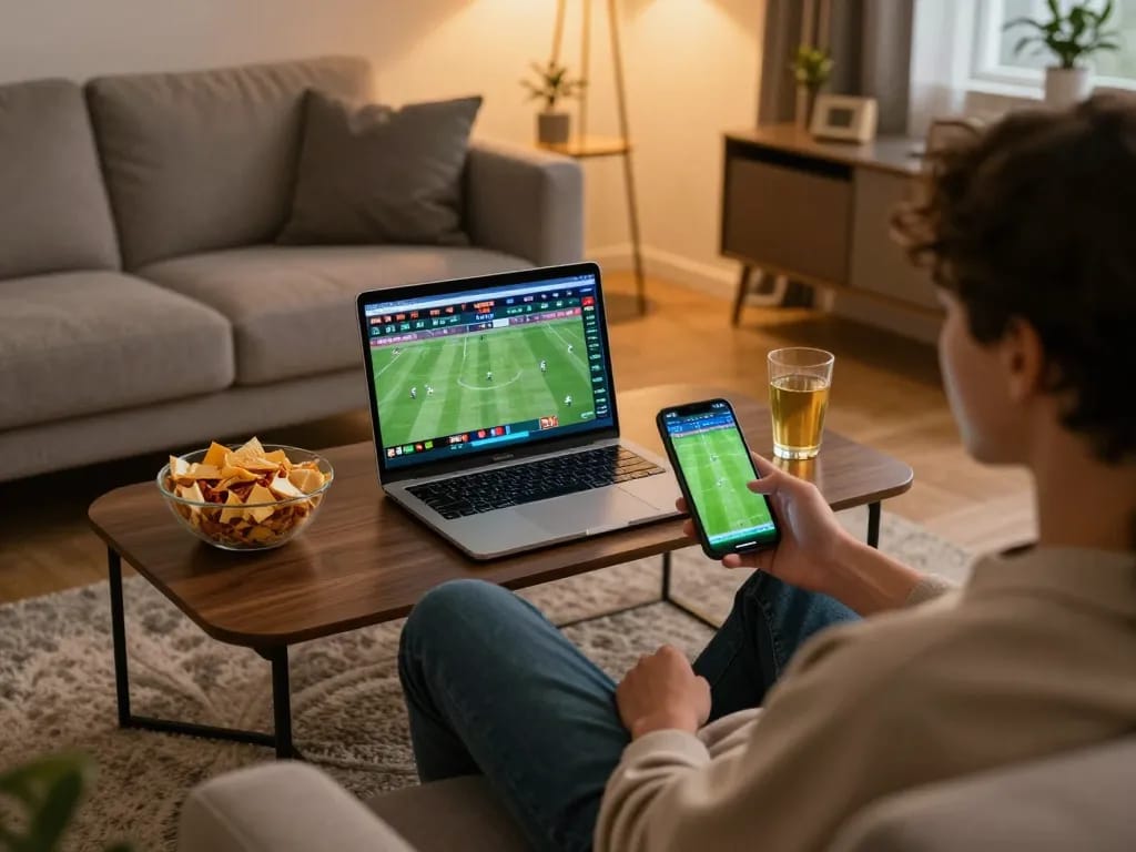 Xem tỷ số bongdalu live on smartphone while enjoying a cozy home sports betting setup.