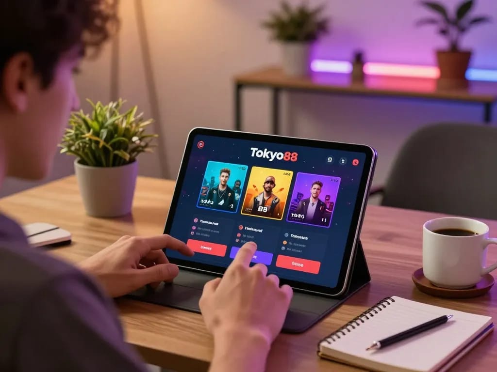 Pemain yang menggunakan aplikasi kasino online tokyo88 di tablet dalam suasana rumah yang nyaman