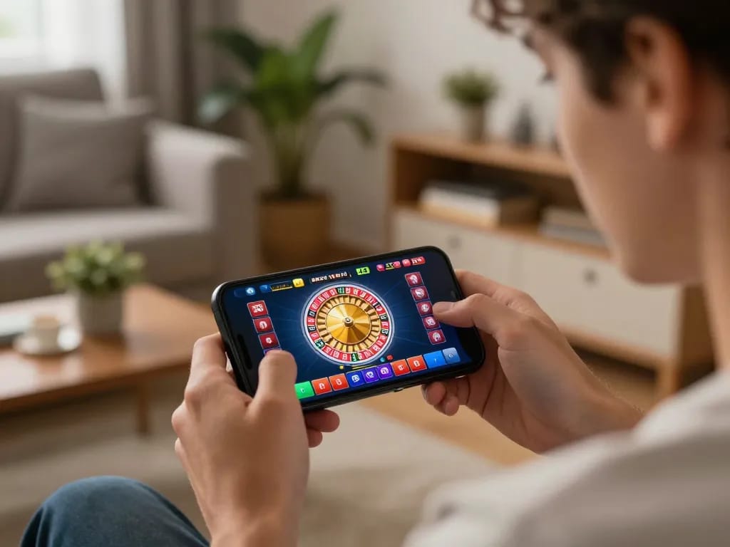 Experience mobile gaming excitement with PLANET88 on a smartphone, showcasing roulette spin and home comfort