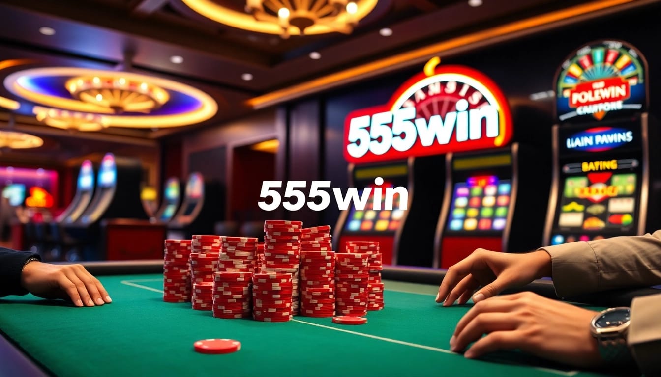 Players enjoying a thrilling moment at the 555win casino, betting on poker and roulette.