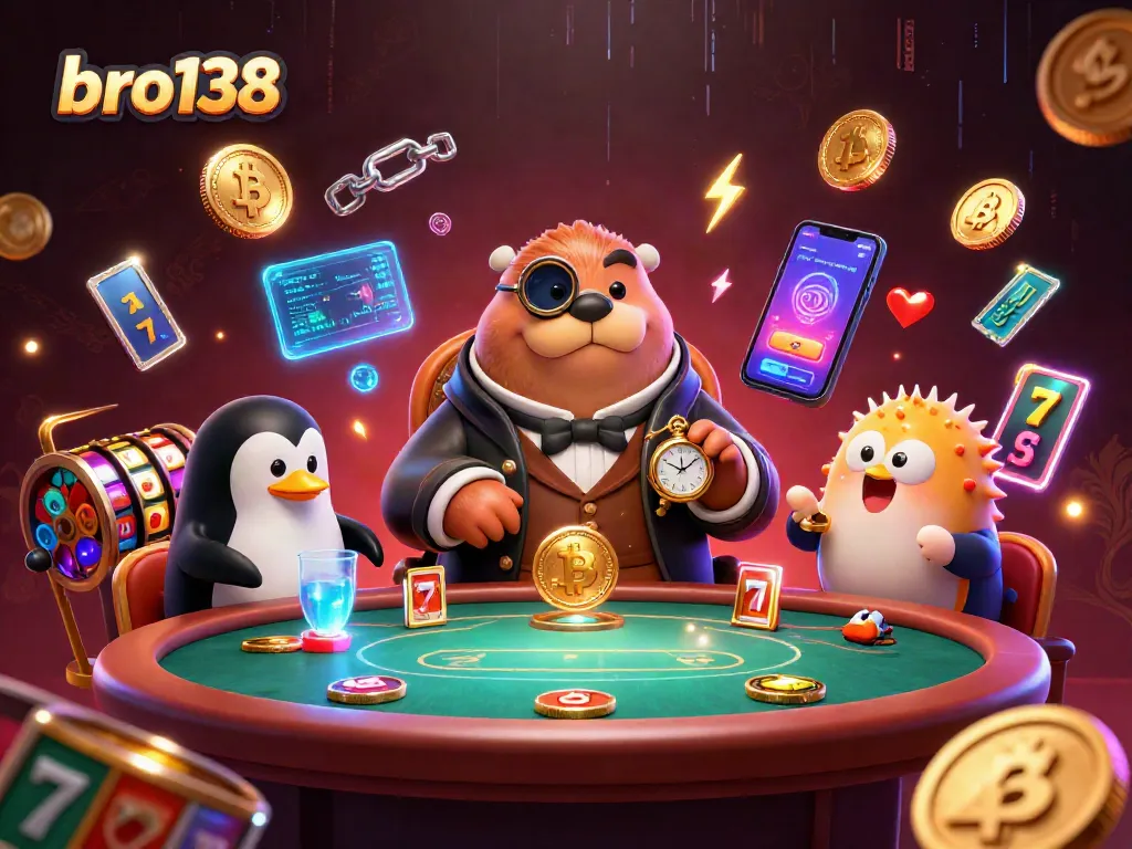 Bro138 players engage in a thrilling casino illustration featuring a walrus, a penguin dealer, and a bluffing pufferfish at a poker table.