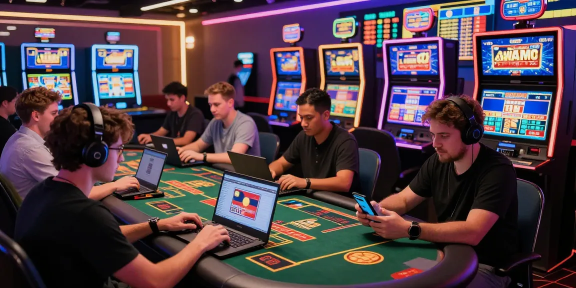 Excited players at credit card casinos using laptops and smartphones to make deposits in a vibrant gaming environment.