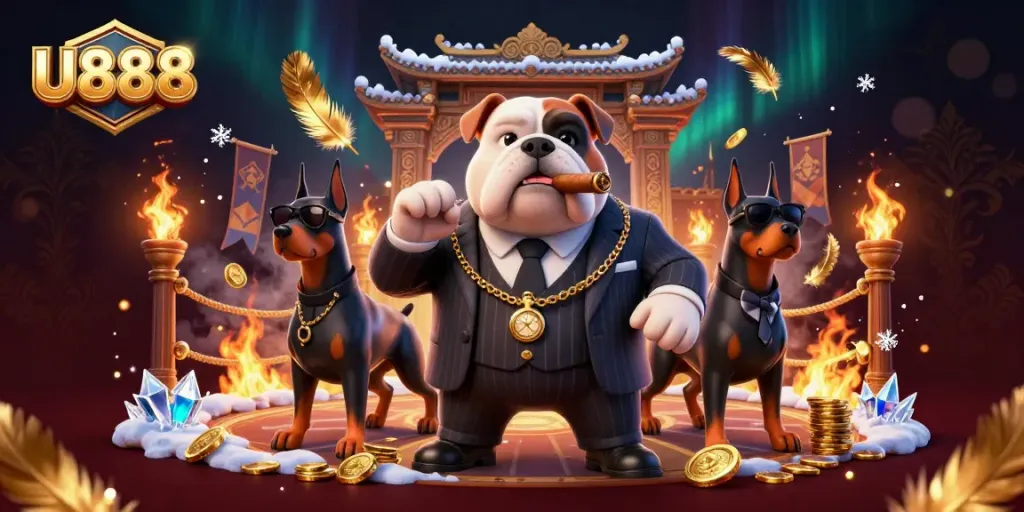 Experience thrilling action at U888 with a powerful cartoon mafia boss and dynamic casino scene.